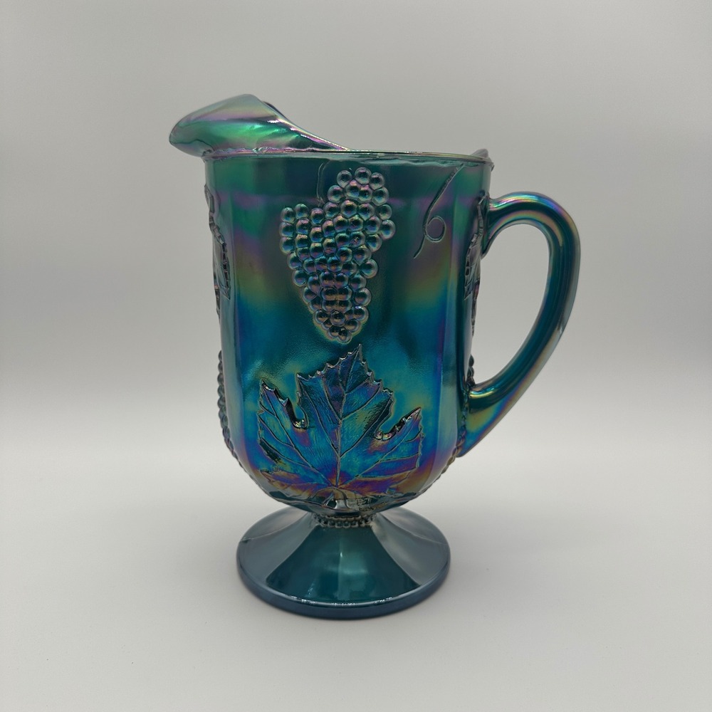 Indiana Glass Harvest Grape Teal Blue Carnival Glass Pitcher Iridescent Ice Lip